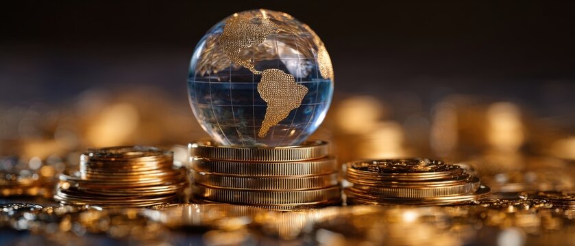 The globe resting on golden coins symbolizes global wealth and investment opportunities. - Powered by Adobe