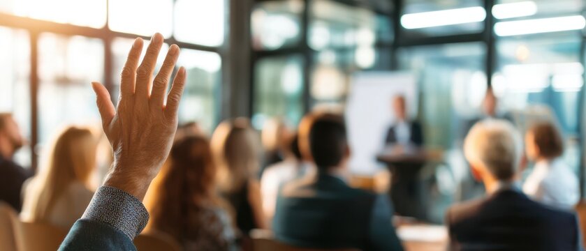 The engaged audience raising hands during an interactive business seminar.