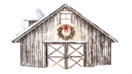Snow Dusted Barn with Christmas Wreath and Lights winter isolated on a transparent background