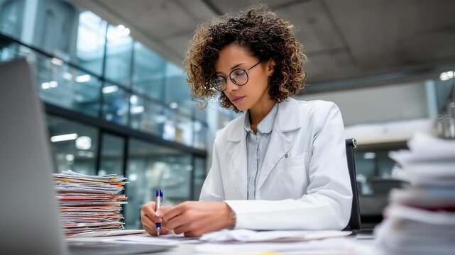 Dedicated clinical research coordinator preparing study materials and organizing patient files in a welllit trial office facilitating smooth clinical trial operations.