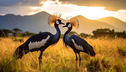 Fototapeta premium Two Grey Crowned Cranes standing face to face at Sunset in natural habitat