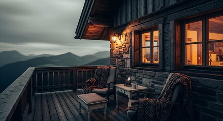 Obraz premium Mountain Cabin Exterior long exposure feel in viewpoint deck wide