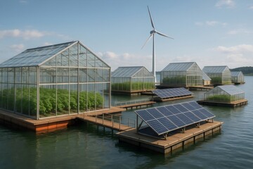 Obraz premium Floating greenhouses growing crops sustainably, powered by solar panels and a wind turbine, representing innovative agriculture and clean energy