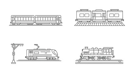 Naklejka premium Train cars and locomotive in various views on railroad tracks