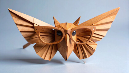 Artistic origami owl sculpture with glasses in a creative front view. Paper craft bird design perfect for conceptual, educational, and modern artistic projects.