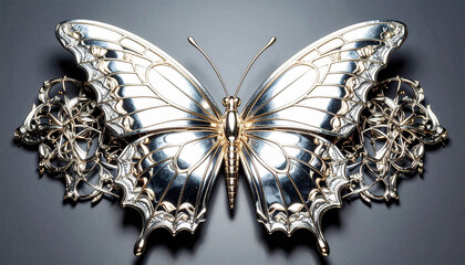Shiny metallic butterfly sculpture with intricate details and luxury design. Perfect for concepts of transformation, elegance, and decorative art in modern and futuristic settings.