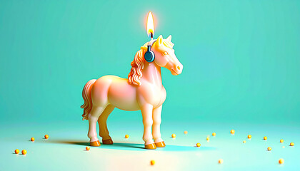 Surreal unicorn candle with headphones on a turquoise background. Whimsical, modern and colorful fantasy design perfect for creative projects, posters, and digital art.