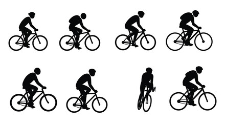 Fototapeta premium A series of cyclist riding bicycle in different positions on white background