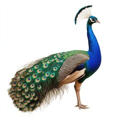 Obraz premium Peacock, vibrant plumage, profile view, isolated (1)