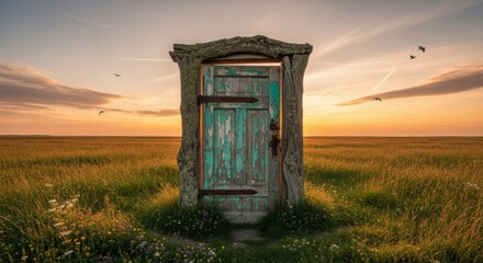 An old turquoise door standing in a field of tall grass at sunset with birds flying in the sky