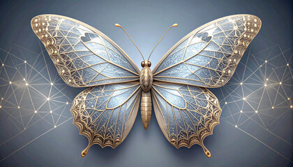 Elegant blue butterfly with golden patterns on futuristic network background, representing connection, technology, and natural elegance combined with digital art.