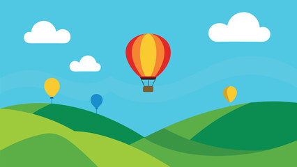 Vibrant hot air balloon soaring over green rolling hills and fluffy clouds