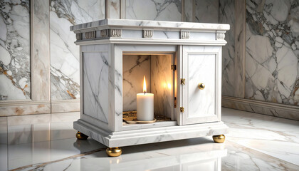 Elegant white marble cabinet with golden details, featuring a glowing candle inside, symbolizing luxury, serenity, and timeless interior decor design. Perfect for backgrounds and concepts.