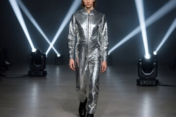 Obraz premium Fashion model strutting down the catwalk in a stunning futuristic silver jumpsuit, captivating the audience during fashion week