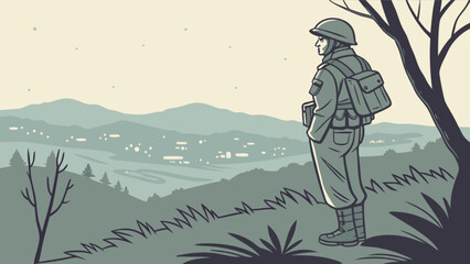 Illustration of a soldier standing on a hill overlooking a town in a mountainous landscape scene with trees