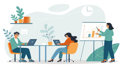 Dynamic business team collaborating in a modern office. Professionals work on laptops while a colleague presents data, symbolizing teamwork, growth, and productivity.