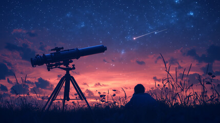 Fototapeta premium A person observes the vast universe from a field, gazing at countless stars and a vivid shooting star using a telescope.