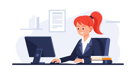 Smiling businesswoman focused on her work at the office desk, using a computer. Represents productivity, professional service, and efficient administration.