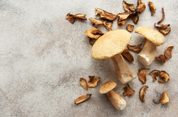 Fresh penny bun mushrooms and dried slices on grey table