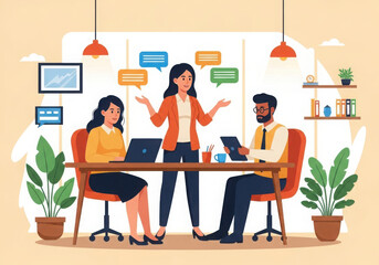 Fototapeta premium A flat illustration of A team of business professionals are having a meeting in the office to discuss project strategy and improve communication