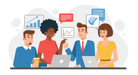 Diverse business team collaborating, analyzing data and discussing strategy in a meeting. Ideal for concepts of teamwork, success, and professional growth.