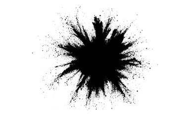 A dramatic burst of fine black powder exploding outward on a clean white background. Abstract ink-splash effect with scattered particles and dynamic energy.
