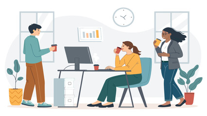 Diverse colleagues work and take coffee breaks in a modern office. Illustrates team collaboration, productivity, and a positive, engaging workspace environment.