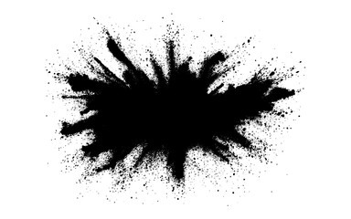 A dramatic burst of fine black powder exploding outward on a clean white background. Abstract ink-splash effect with scattered particles and dynamic energy.