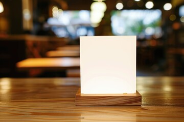 Blank Menu Sign on a Wooden Table in a Restaurant