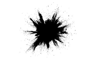 A dramatic burst of fine black powder exploding outward on a clean white background. Abstract ink-splash effect with scattered particles and dynamic energy.