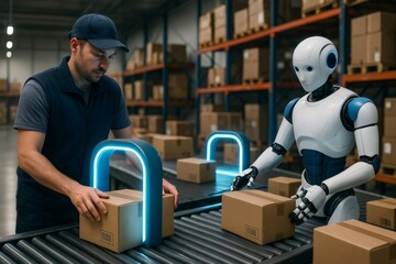 Warehouse worker and humanoid robot working together sorting packages on a conveyor belt using barcode scanners in a large distribution center