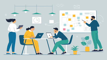 Creative business team collaborates on a project, analyzing data and planning strategy in a modern office. Ideal for teamwork, innovation, and corporate concepts.