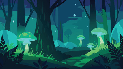 Enchanting magical forest scene with glowing luminescent mushrooms vector illustration