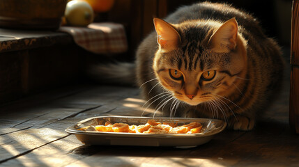 A tabby cat crouches low, intently gazing at its bowl of dry food placed on a rustic wooden floor in warm sunlight.