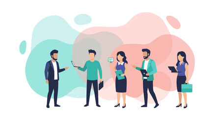 Diverse business professionals collaborate and communicate in a modern corporate setting, illustrating teamwork and digital strategy.