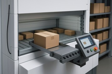 Automated lift retrieving cardboard box in modern warehouse storage with innovative robotic technology