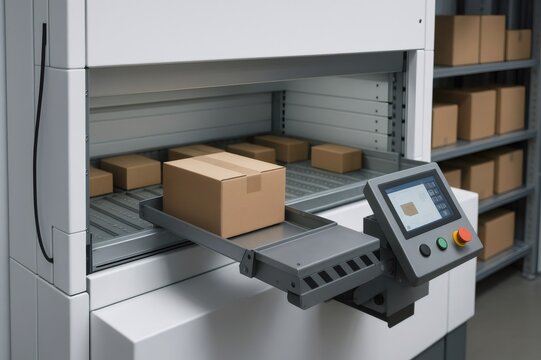 Automated lift retrieving cardboard box in modern warehouse storage with innovative robotic technology