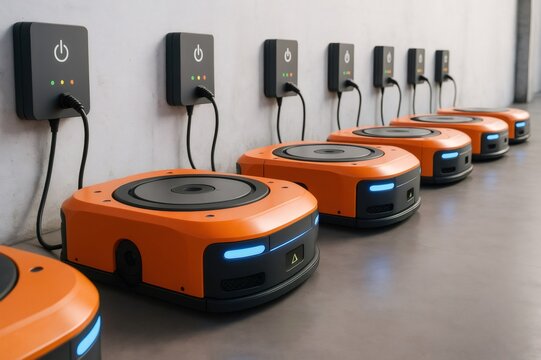 Automated guided vehicles charging batteries at warehouse charging station, enhancing efficiency and productivity in logistics and delivery