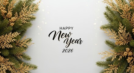Festive green pine branches adorned with shimmering gold glitter embellishments frame a white background displaying 'Happy New Year 2026' in elegant script