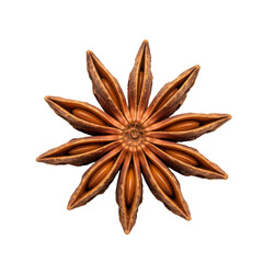 A single, perfectly formed, reddish-brown star anise pod with intact segments and glossy seeds, critically sharp on a transparent isolated background, studio macro shot, concept for culinary product