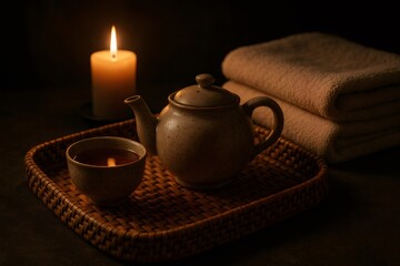 Teapot and cup on wicker tray, burning candle and folded towels creating cozy atmosphere for evening relaxation