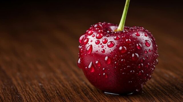 Close up of a single wet cherry with a green stem on a dark wooden surface table