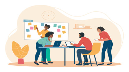 Diverse team collaborating in a modern office, brainstorming ideas and working together on projects. Ideal for illustrating teamwork, innovation, and business productivity.