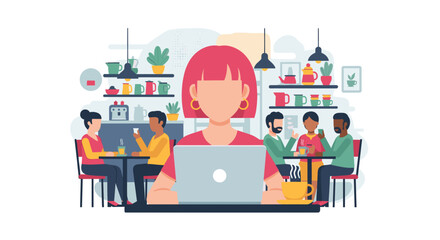 Woman working remotely on a laptop in a vibrant cafe, surrounded by diverse people enjoying coffee. Depicts modern freelance lifestyle, co-working, and digital nomadism.