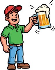 Smiling cartoon man in green shirt holding frothy beer mug, casual character enjoying drink, fun celebration vector, party or Oktoberfest design