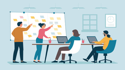 Team collaborating in a modern office, planning and working on a project with sticky notes on a whiteboard. Business meeting, innovation, and creative process.