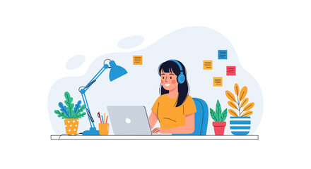 Obraz premium Young woman with headphones happily working on a laptop at a comfortable home office desk with plants. Perfect for remote work, online learning, or digital business.