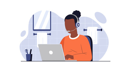 Person wearing a headset works on a laptop in a bathroom. Depicts flexible remote work, virtual meetings, and modern business communication from home. Lifestyle.