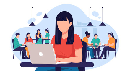 Woman working on laptop in a vibrant cafe setting with diverse people, illustrating remote work, freelance, and modern lifestyle concepts.