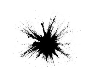 A dramatic burst of fine black powder exploding outward on a clean white background. Abstract ink-splash effect with scattered particles and dynamic energy.